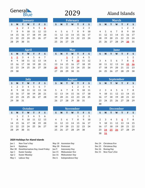 Printable Calendar 2029 with Aland Islands Holidays (Sunday Start)