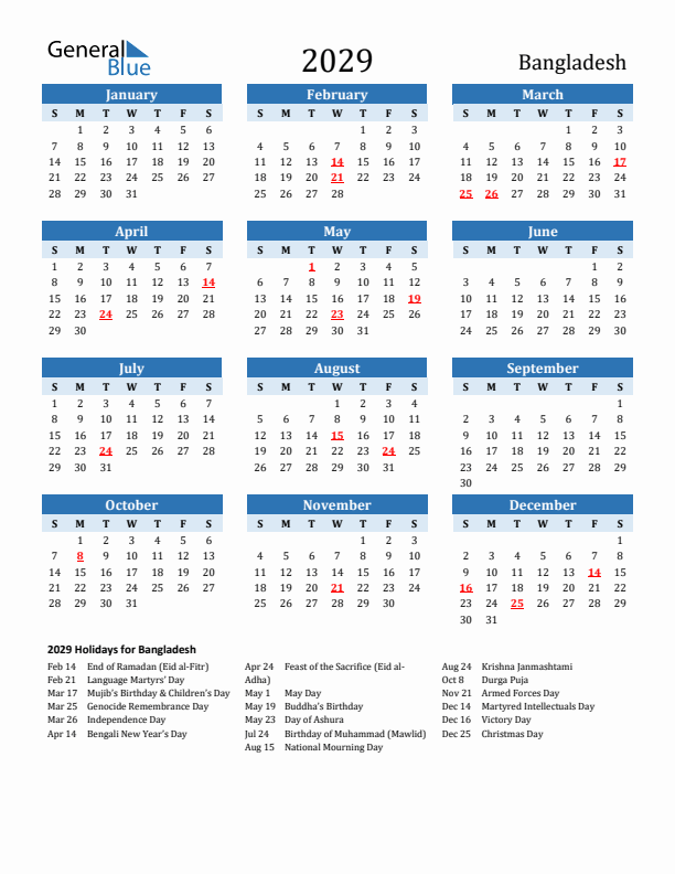 Printable Calendar 2029 with Bangladesh Holidays (Sunday Start)