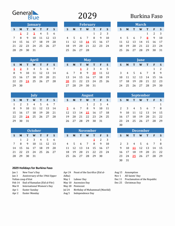 Printable Calendar 2029 with Burkina Faso Holidays (Sunday Start)