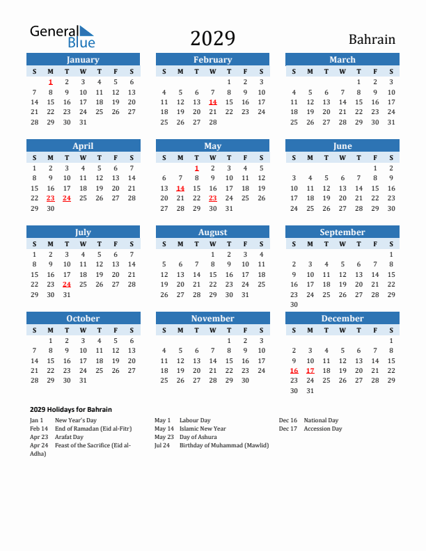 Printable Calendar 2029 with Bahrain Holidays (Sunday Start)