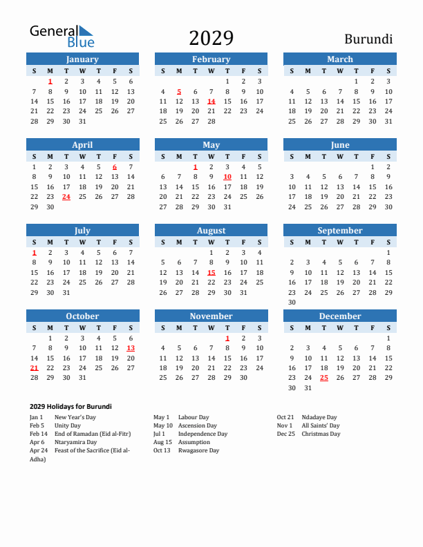 Printable Calendar 2029 with Burundi Holidays (Sunday Start)