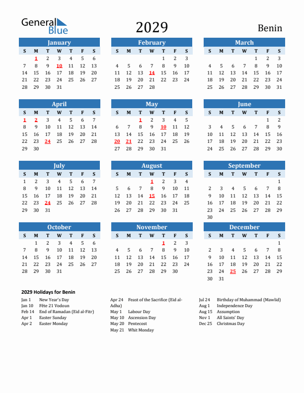 Printable Calendar 2029 with Benin Holidays (Sunday Start)