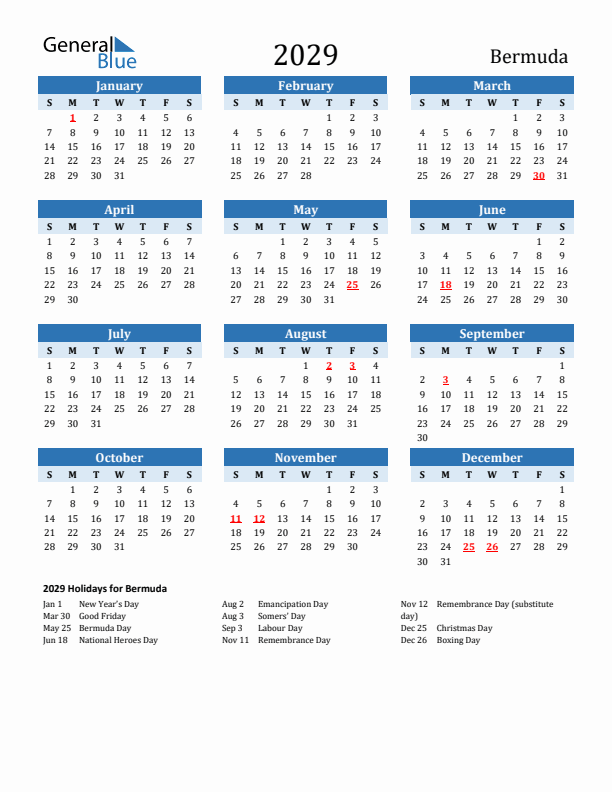 Printable Calendar 2029 with Bermuda Holidays (Sunday Start)