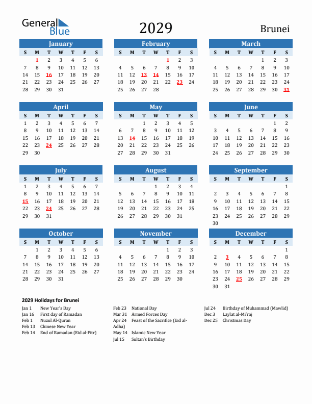 Printable Calendar 2029 with Brunei Holidays (Sunday Start)