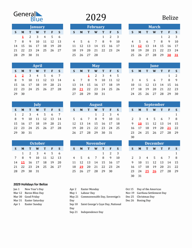 Printable Calendar 2029 with Belize Holidays (Sunday Start)