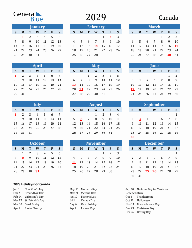 Printable Calendar 2029 with Canada Holidays (Sunday Start)