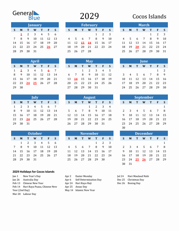 Printable Calendar 2029 with Cocos Islands Holidays (Sunday Start)