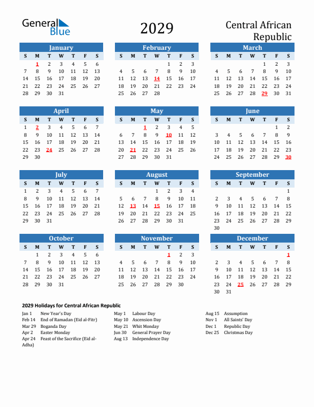 Printable Calendar 2029 with Central African Republic Holidays (Sunday Start)