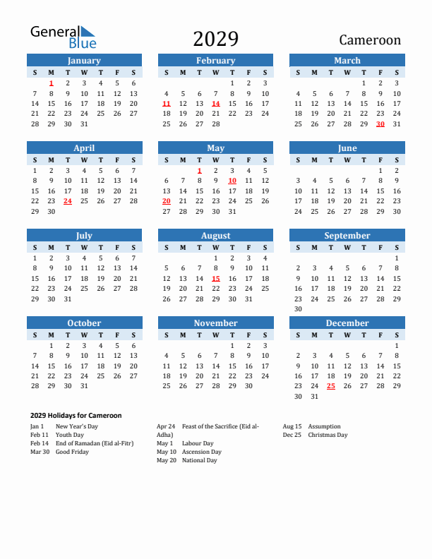 Printable Calendar 2029 with Cameroon Holidays (Sunday Start)