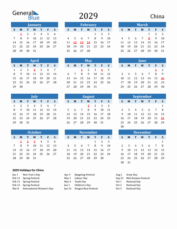 Printable Calendar 2029 with China Holidays (Sunday Start)