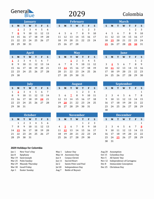 Printable Calendar 2029 with Colombia Holidays (Sunday Start)