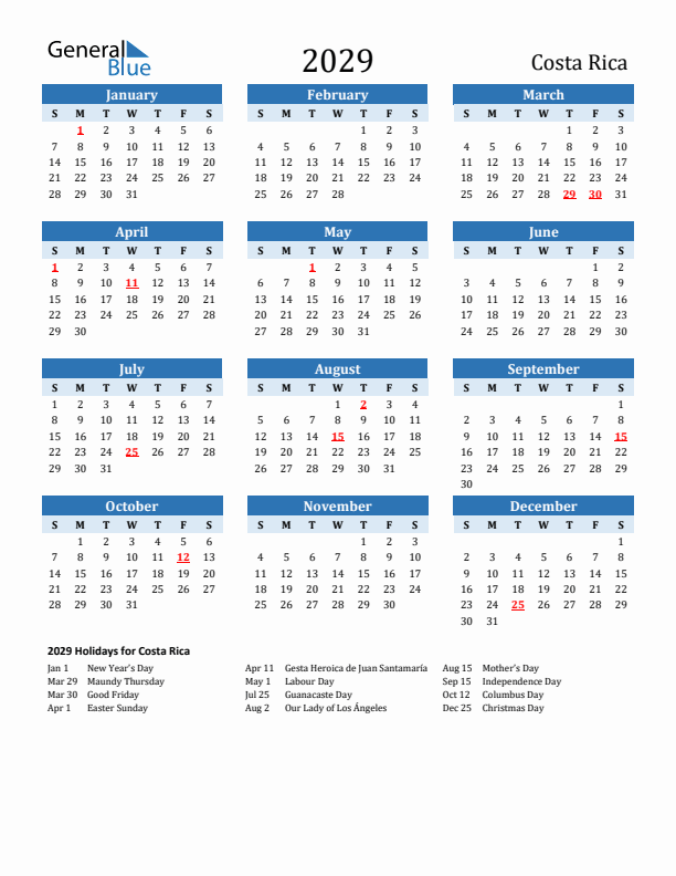 Printable Calendar 2029 with Costa Rica Holidays (Sunday Start)