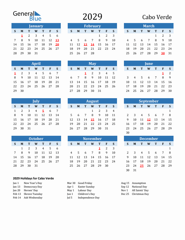 Printable Calendar 2029 with Cabo Verde Holidays (Sunday Start)