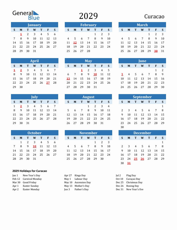 Printable Calendar 2029 with Curacao Holidays (Sunday Start)