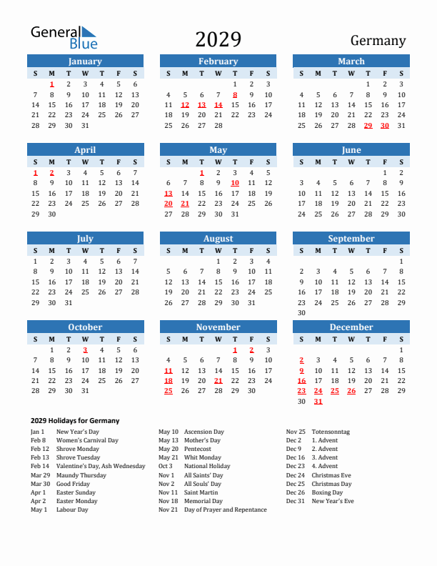 Printable Calendar 2029 with Germany Holidays (Sunday Start)