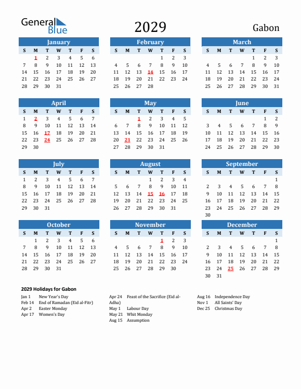 Printable Calendar 2029 with Gabon Holidays (Sunday Start)