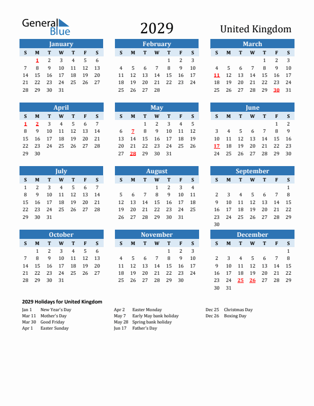 Printable Calendar 2029 with United Kingdom Holidays (Sunday Start)