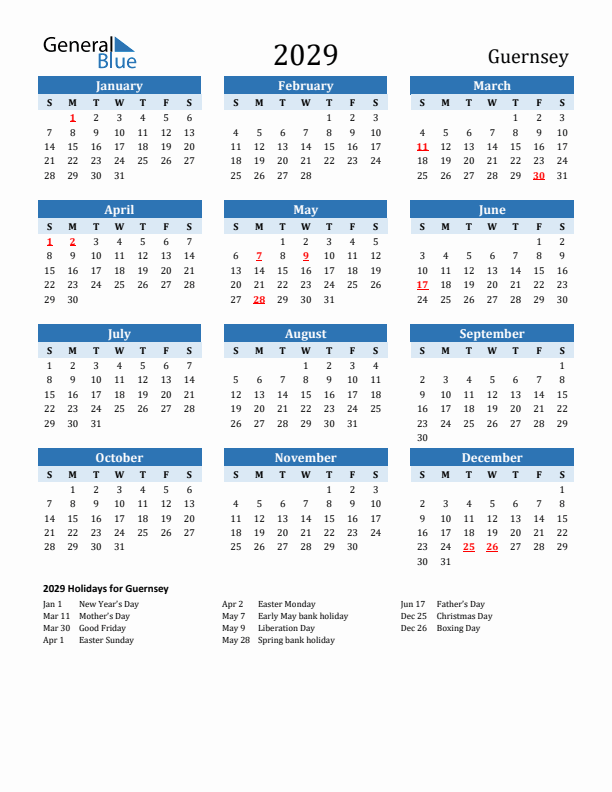 Printable Calendar 2029 with Guernsey Holidays (Sunday Start)