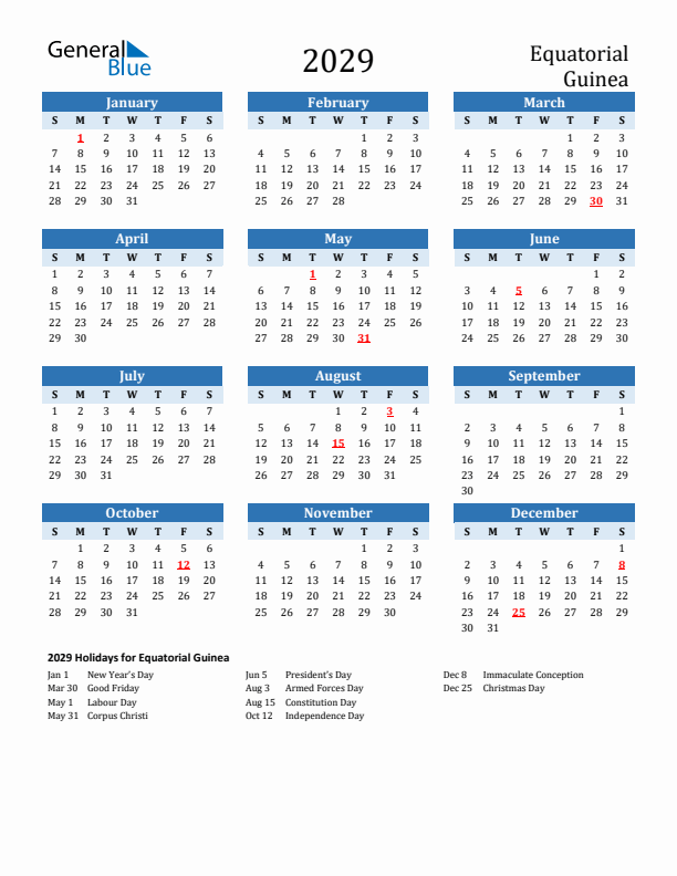 Printable Calendar 2029 with Equatorial Guinea Holidays (Sunday Start)