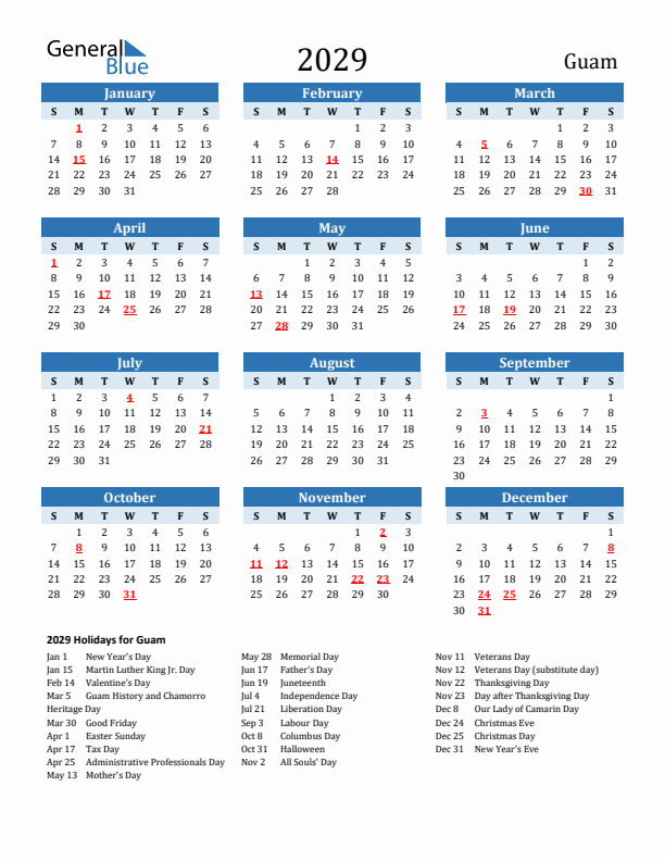 Printable Calendar 2029 with Guam Holidays (Sunday Start)