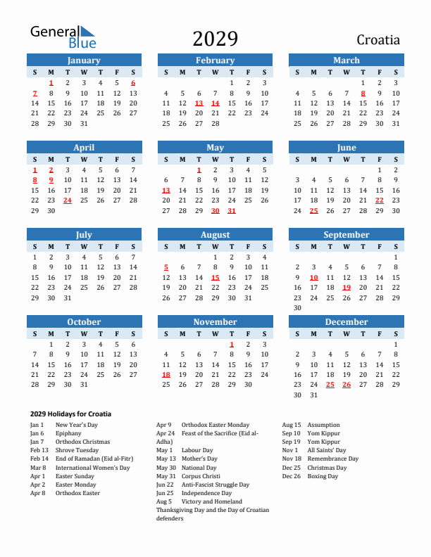 Printable Calendar 2029 with Croatia Holidays (Sunday Start)