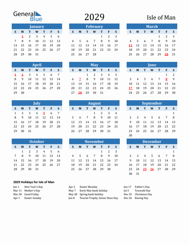 Printable Calendar 2029 with Isle of Man Holidays (Sunday Start)