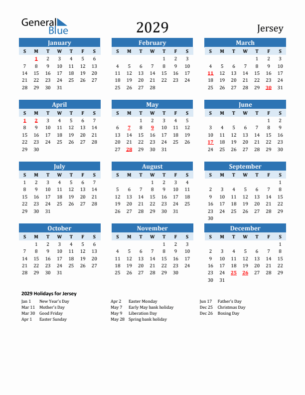 Printable Calendar 2029 with Jersey Holidays (Sunday Start)