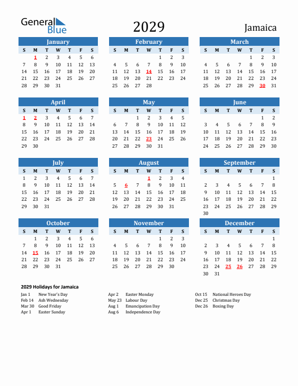 Printable Calendar 2029 with Jamaica Holidays (Sunday Start)