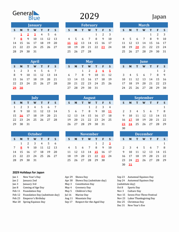 Printable Calendar 2029 with Japan Holidays (Sunday Start)