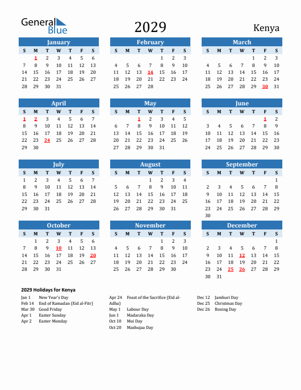 Printable Calendar 2029 with Kenya Holidays (Sunday Start)