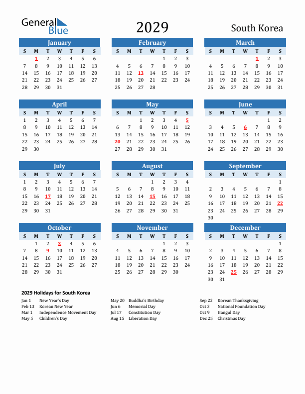 Printable Calendar 2029 with South Korea Holidays (Sunday Start)