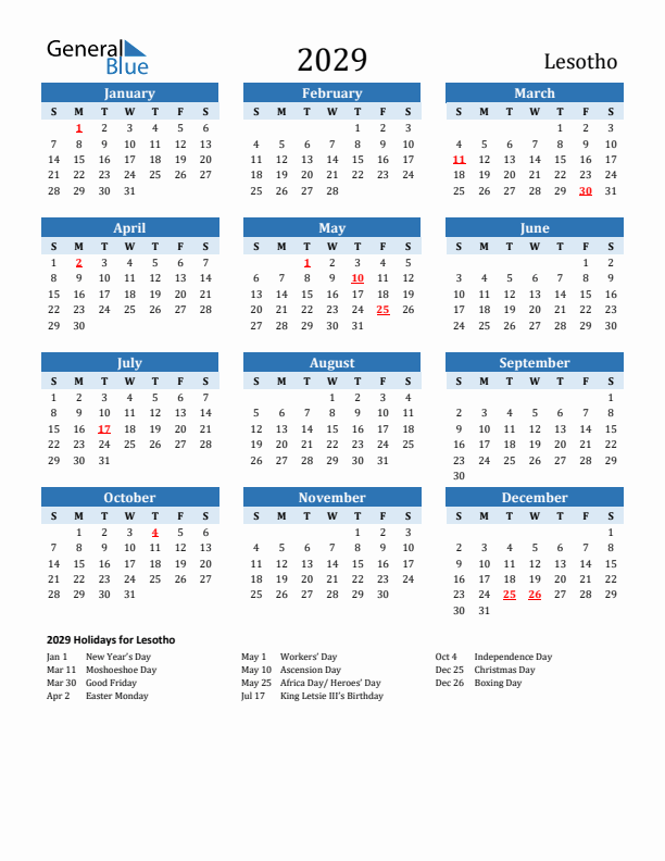 Printable Calendar 2029 with Lesotho Holidays (Sunday Start)