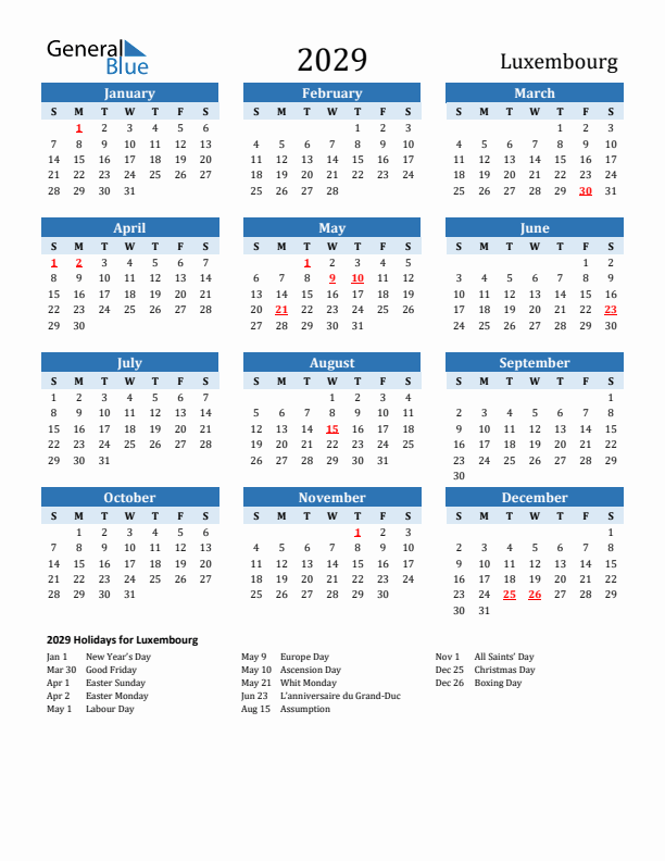 Printable Calendar 2029 with Luxembourg Holidays (Sunday Start)