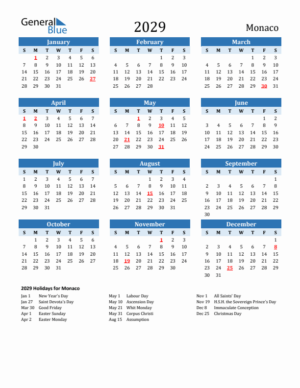 Printable Calendar 2029 with Monaco Holidays (Sunday Start)