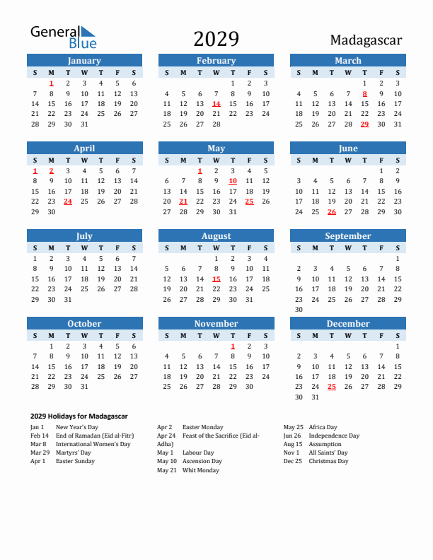 Printable Calendar 2029 with Madagascar Holidays (Sunday Start)