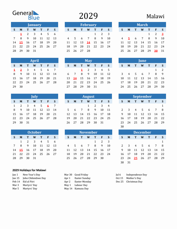 Printable Calendar 2029 with Malawi Holidays (Sunday Start)