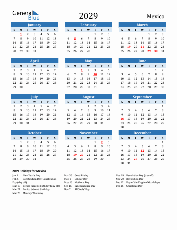 Printable Calendar 2029 with Mexico Holidays (Sunday Start)