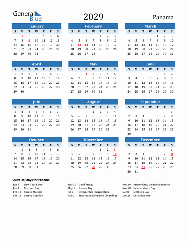 Printable Calendar 2029 with Panama Holidays (Sunday Start)