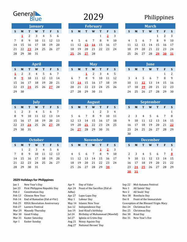 Printable Calendar 2029 with Philippines Holidays (Sunday Start)