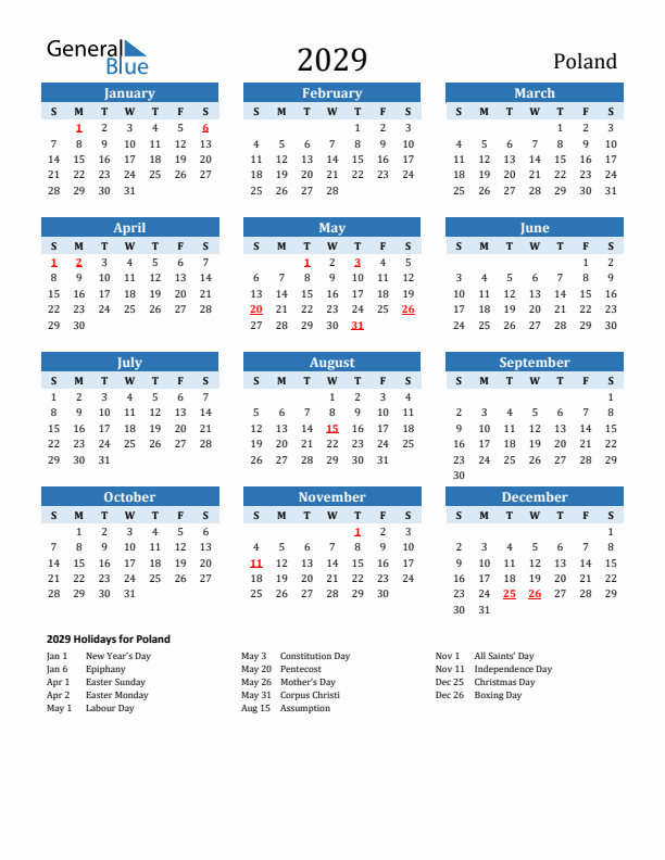 Printable Calendar 2029 with Poland Holidays (Sunday Start)