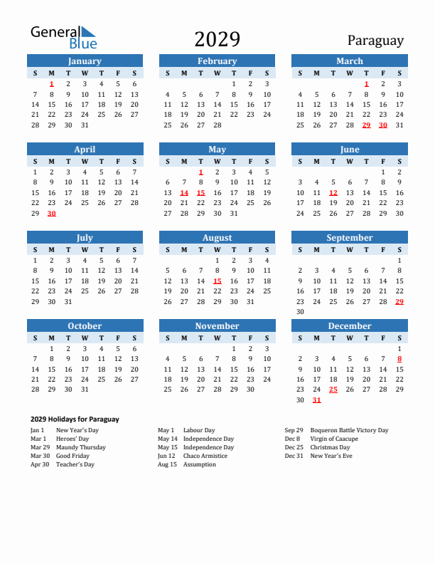 Printable Calendar 2029 with Paraguay Holidays (Sunday Start)