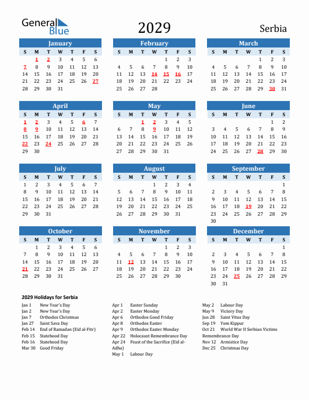 Printable Calendar 2029 with Serbia Holidays (Sunday Start)