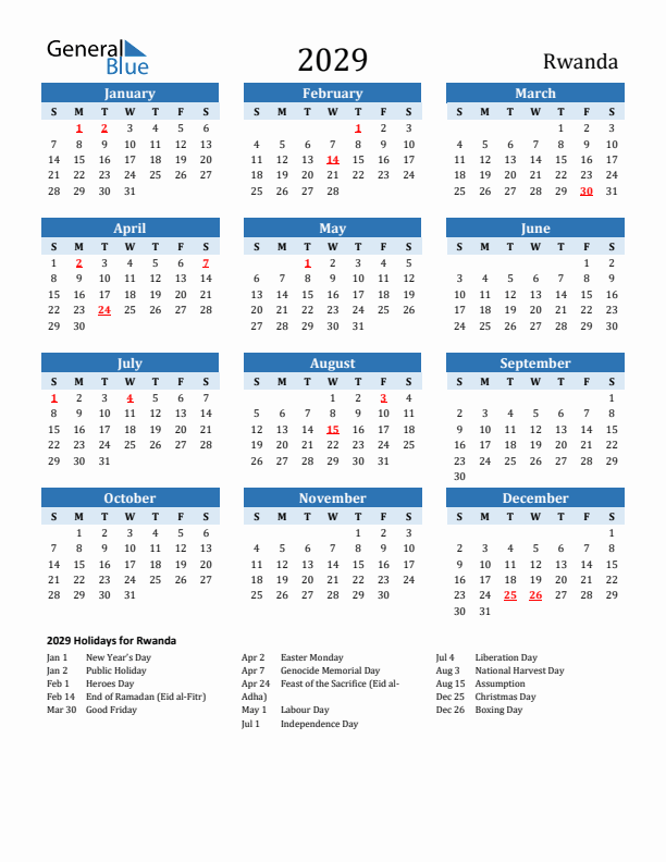 Printable Calendar 2029 with Rwanda Holidays (Sunday Start)