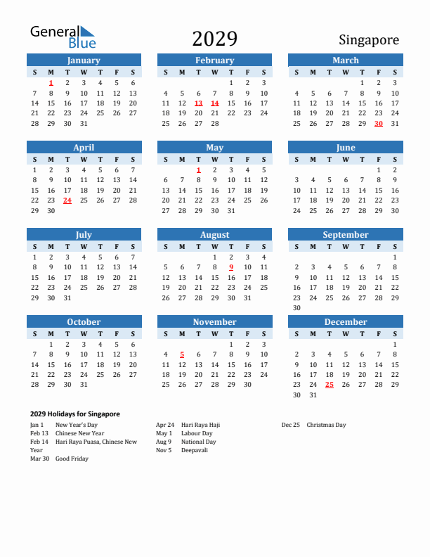 Printable Calendar 2029 with Singapore Holidays (Sunday Start)