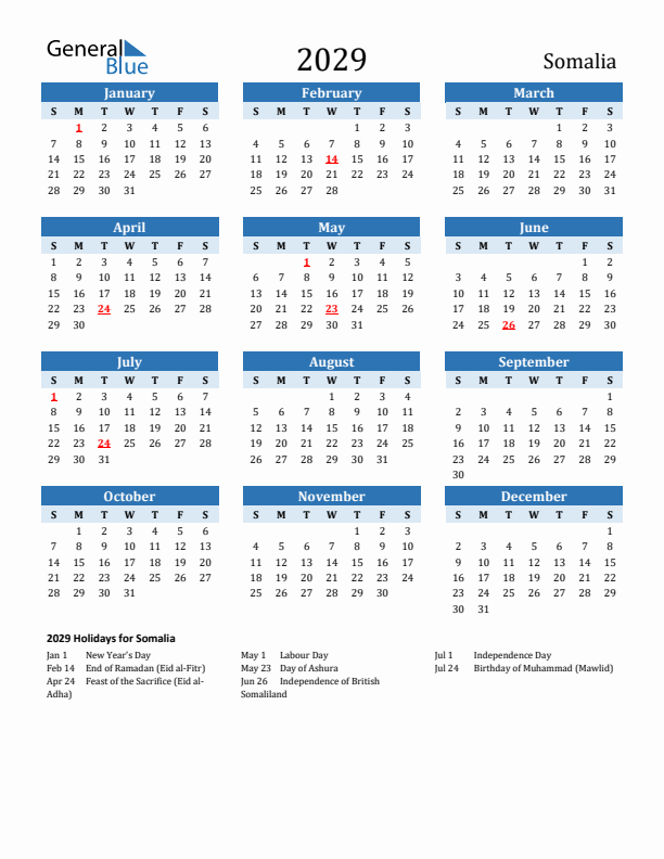 Printable Calendar 2029 with Somalia Holidays (Sunday Start)