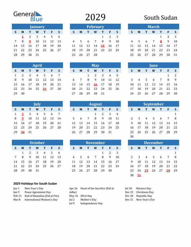 Printable Calendar 2029 with South Sudan Holidays (Sunday Start)