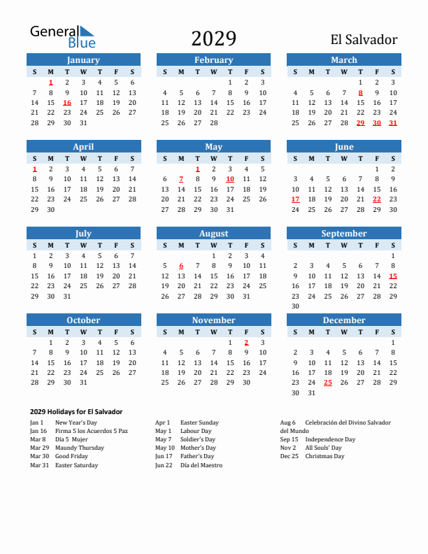 Printable Calendar 2029 with El Salvador Holidays (Sunday Start)