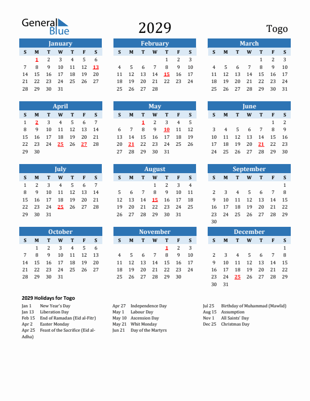 Printable Calendar 2029 with Togo Holidays (Sunday Start)