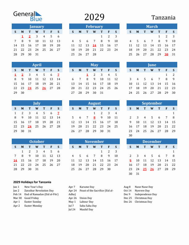 Printable Calendar 2029 with Tanzania Holidays (Sunday Start)