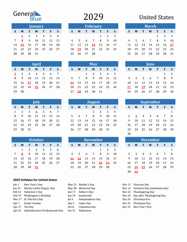 Printable Calendar 2029 with United States Holidays (Sunday Start)